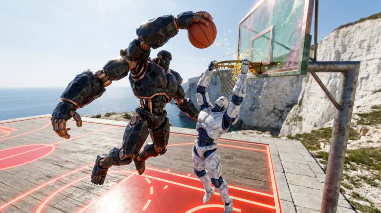 A flint-and-copper basketball player driving a two-handed dunk against a chalk-stone defender at a tourmaline backboard in bright daylight.
