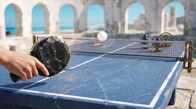 A faceted black flint table-tennis paddle striking a white ball over a copper net on a cobalt slate table in bright sunlight.