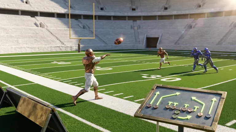 A bronze-and-chalk quarterback throwing a long spiral pass down a striped emerald gridiron beside a tactile brass coaching playboard.