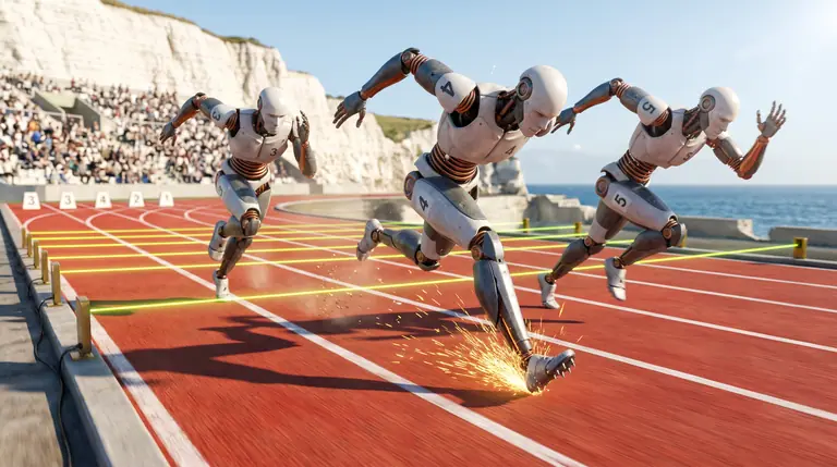Three flint-and-ceramic sprinters leaning at full speed down a vermilion hundred-metre track toward glowing finish-line timing beams.