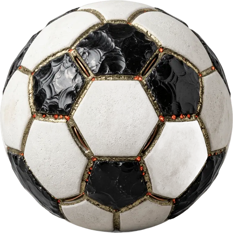 A faceted championship match sphere made of black knapped flint, white chalk stone and glowing golden pyrite seams.
