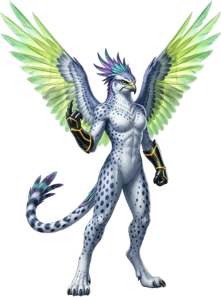 Vollera Kestrel with her translucent chartreuse wing-blades fanned and flint gauntlet raised.