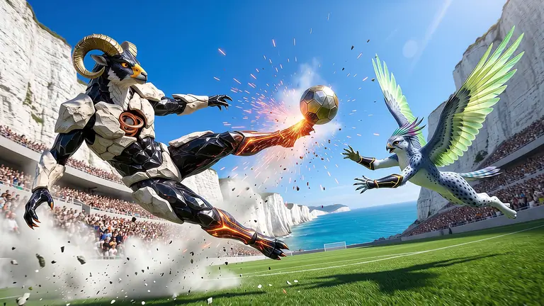 Flintor Vane and Vollera Kestrel clashing in a mid-air volley that sends bright orange sparks across an emerald stadium carved into white chalk cliffs.